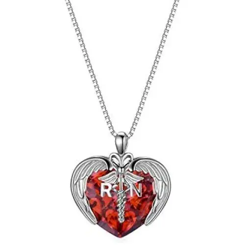 AOBOCO Sterling Silver Registered Nurse RN Caduceus Pendant Necklace with Angel Heart Charm Made with Blue Red Austrian Crystal, Nurse Nursing School Graduation Gifts for Women