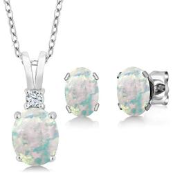 Gem Stone King 2.36 Ct Oval Cabochon White Simulated Opal 925 Sterling Silver Pendant Earrings Set