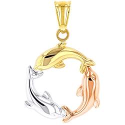 High Polish 14K Tri Color Gold Dolphin Circle Charm Pendant
