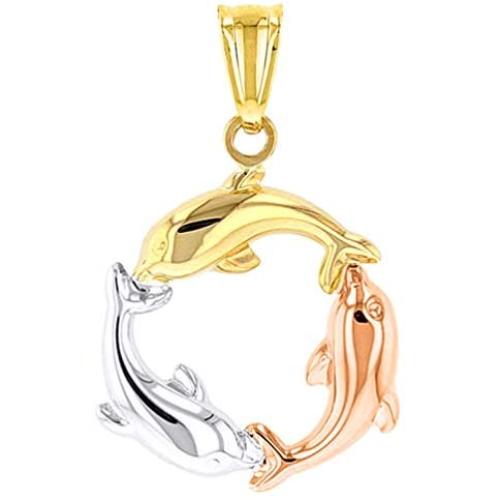High Polish 14K Tri Color Gold Dolphin Circle Charm Pendant