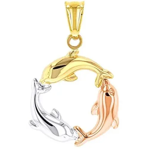High Polish 14K Tri Color Gold Dolphin Circle Charm Pendant