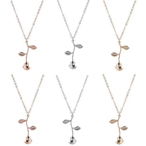 6 Pcs Rose Pendant Flower Necklaces Gold/Silver/Rose Gold Elegant Long Rose Pendant Necklaces for Women Girls Teens Birthday Anniversary Valentines Day Jewelry Gifts