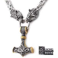 GUNGNEER Thors Hammer Pendant Mixed Gold Color Viking Mjolnir Necklace for Men with Wolf Head Square Chain, 316L Stainless Steel Bonus 2 Rune Beads