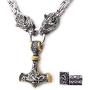 GUNGNEER Thors Hammer Pendant Mixed Gold Color Viking Mjolnir Necklace for Men with Wolf Head Square Chain, 316L Stainless Steel Bonus 2 Rune Beads