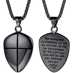 FaithHeart Shield of Faith Ephesians 6:16-17/Ephesians 6:10 Pendant Necklace Stainless Steel Joshua 1:9 Cross Amulet Necklace, Customize Available (Send Brand Box)