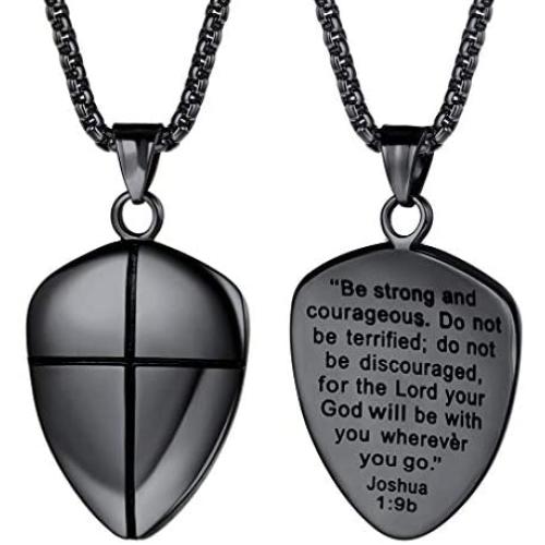 FaithHeart Shield of Faith Ephesians 6:16-17/Ephesians 6:10 Pendant Necklace Stainless Steel Joshua 1:9 Cross Amulet Necklace, Customize Available (Send Brand Box)