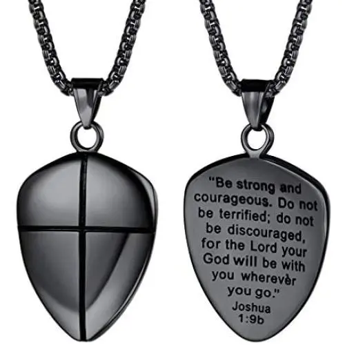 FaithHeart Shield of Faith Ephesians 6:16-17/Ephesians 6:10 Pendant Necklace Stainless Steel Joshua 1:9 Cross Amulet Necklace, Customize Available (Send Brand Box)