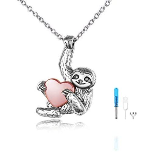 YFN Sloth Necklace Sterling Silver Sloth Cremation Urn Necklaces for Ashes Heart Memory Jewelry Sloth Gifts for Women Men