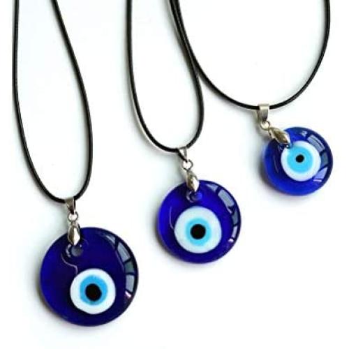 Pingyongchang Antique Deep Sea Blue Evil Eye Pendant Necklace Turkish Blue Eye Necklace Glass Eye Leather Rope Chain