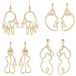 Gold Face Earrings Abstract Design - MOOKOO 4 Pair Hollow Picasso Hand Geometric Statement Earrings for Girls Teens Women