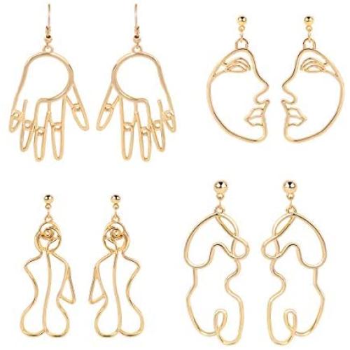 Gold Face Earrings Abstract Design - MOOKOO 4 Pair Hollow Picasso Hand Geometric Statement Earrings for Girls Teens Women