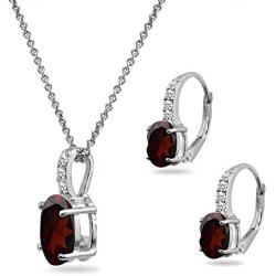 Sterling Silver Genuine or Synthetic Gemstone Oval-Cut Pendant Necklace & Leverback Huggie Earrings Set with CZ Accents