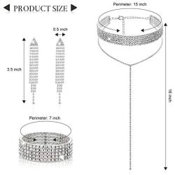Hicarer Diamond Tassel Jewelry Set, Rhinestone Stretch Bracelet Long Chandelier Tassel Dangle Earrings Plated Gothic Long Choker Tassel Necklaces