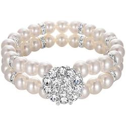BriLove Womens Wedding Bridal Crystal Simulated Pearl Double Row Strand Halo Vintage Stretch Bracelet