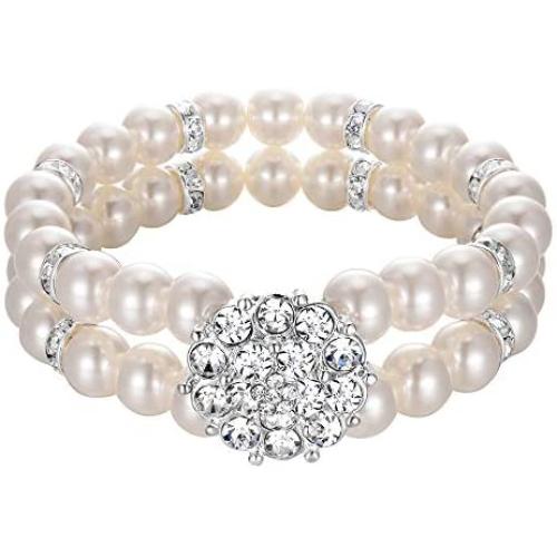 BriLove Womens Wedding Bridal Crystal Simulated Pearl Double Row Strand Halo Vintage Stretch Bracelet