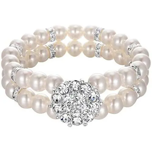 BriLove Womens Wedding Bridal Crystal Simulated Pearl Double Row Strand Halo Vintage Stretch Bracelet BriLove Womens Wedding Bridal Crystal Simulated Pearl Double Row Strand Halo Vintage Stretch Bracelet