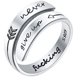 LEOBELLA Adjustable Inspirational Ring 925 Sterling Silver Never Give Up Bands Cool Stacking Opening Rings Gift for Women Girls Comfort Fit Statement Jewelry