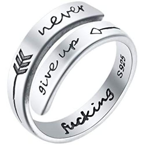 LEOBELLA Adjustable Inspirational Ring 925 Sterling Silver Never Give Up Bands Cool Stacking Opening Rings Gift for Women Girls Comfort Fit Statement Jewelry