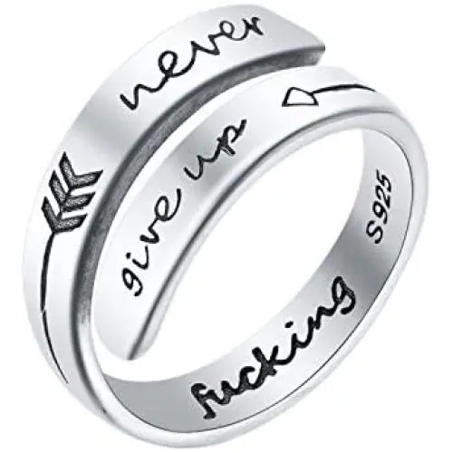LEOBELLA Adjustable Inspirational Ring 925 Sterling Silver Never Give Up Bands Cool Stacking Opening Rings Gift for Women Girls Comfort Fit Statement Jewelry LEOBELLA Adjustable Inspirational Ring 925 Sterling Silver Never Give Up Bands Cool Stacking Opening Rings Gift for Women Girls Comfort Fit Statement Jewelry