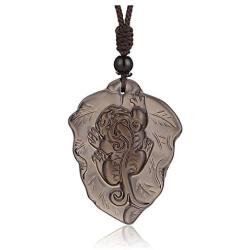 Jovivi Hand Carved Natural Ice Obsidian Healing Crystals Necklace for Men Feng Shui Wealth Pi Xiu Leaf Amulet Charm Gemstone Beads Pendant Protection Jewelry Adjustable Cord