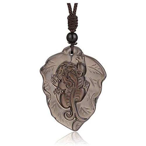 Jovivi Hand Carved Natural Ice Obsidian Healing Crystals Necklace for Men Feng Shui Wealth Pi Xiu Leaf Amulet Charm Gemstone Beads Pendant Protection Jewelry Adjustable Cord