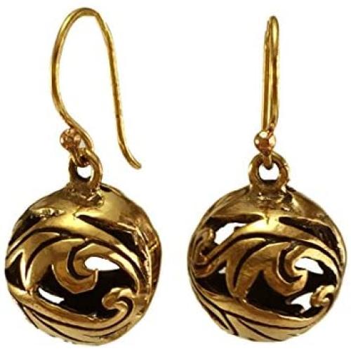 Real Bronze Duo Leaf Filigree Ball Drop Dangle Earrings Fish Hook Bronze Jewelry Gifts
