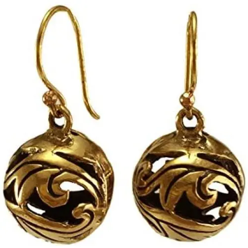 Real Bronze Duo Leaf Filigree Ball Drop Dangle Earrings Fish Hook Bronze Jewelry Gifts