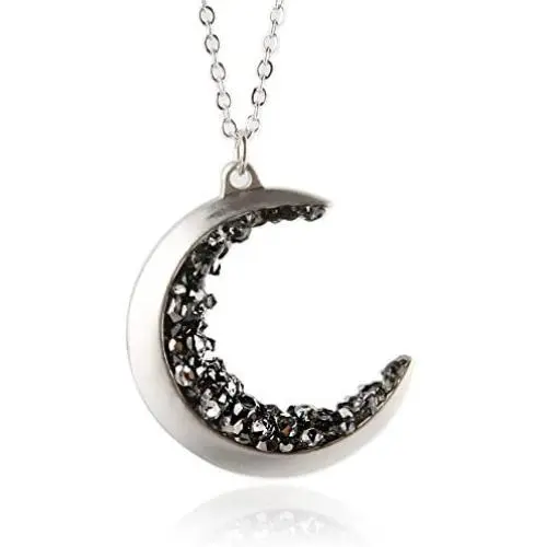 LAONATO Crescent Moon and Black CZ Necklace, 25 inches