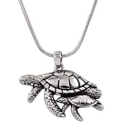 DianaL Boutique Silvertone Sea Turtle Mother and Baby Pendant Necklace 18'' Chain Gift Boxed Fashion Jewelry for Women Teens Girls