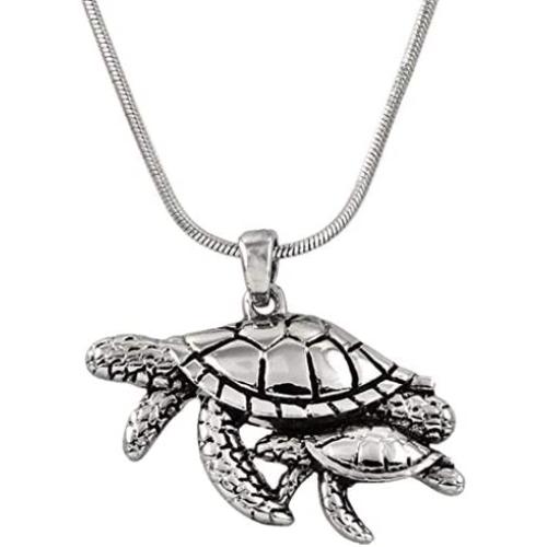 DianaL Boutique Silvertone Sea Turtle Mother and Baby Pendant Necklace 18'' Chain Gift Boxed Fashion Jewelry for Women Teens Girls
