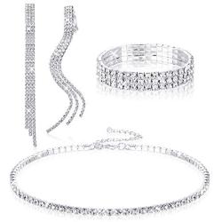 Thunaraz Crystal Choker Necklace and Earring Jewelry Sets for Women Silver Cup Chain Clear Rhinestone Necklace Long Drop Dangle Tassel Clip On Earrings with Rhinestone Stretch Bracelet