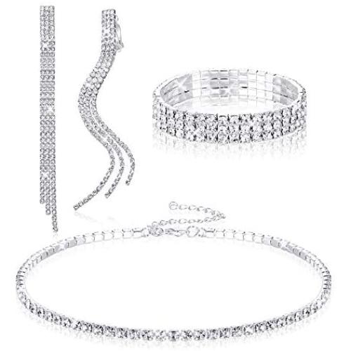 Thunaraz Crystal Choker Necklace and Earring Jewelry Sets for Women Silver Cup Chain Clear Rhinestone Necklace Long Drop Dangle Tassel Clip On Earrings with Rhinestone Stretch Bracelet