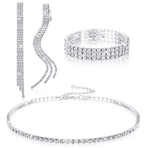 Thunaraz Crystal Choker Necklace and Earring Jewelry Sets for Women Silver Cup Chain Clear Rhinestone Necklace Long Drop Dangle Tassel Clip On Earrings with Rhinestone Stretch Bracelet