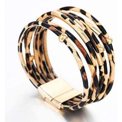 Fesciory Leopard Bracelet for Women Wrap Multi-Layer Leather Bracelet Magnetic Clasp Cuff Bangle Jewelry