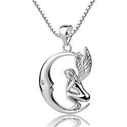 Forfamilyltd Sterling Silver Fairy with Angel Wings Face to Moon Pendant Necklace, 18
