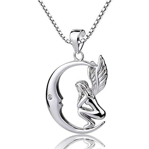Forfamilyltd Sterling Silver Fairy with Angel Wings Face to Moon Pendant Necklace, 18