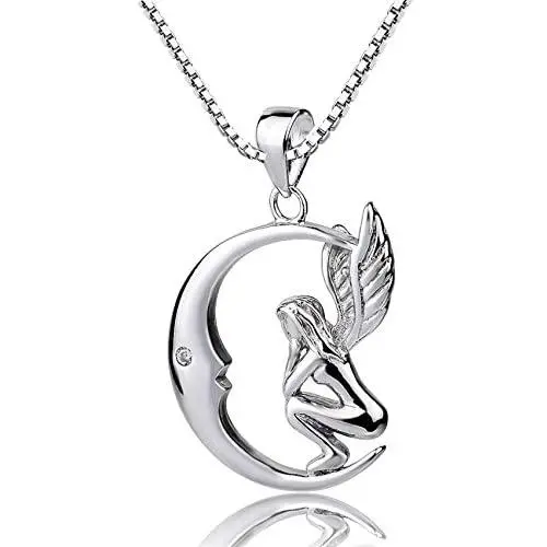 Forfamilyltd Sterling Silver Fairy with Angel Wings Face to Moon Pendant Necklace, 18 Forfamilyltd Sterling Silver Fairy with Angel Wings Face to Moon Pendant Necklace, 18