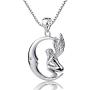 Forfamilyltd Sterling Silver Fairy with Angel Wings Face to Moon Pendant Necklace, 18