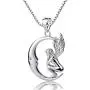 Forfamilyltd Sterling Silver Fairy with Angel Wings Face to Moon Pendant Necklace, 18 Forfamilyltd Sterling Silver Fairy with Angel Wings Face to Moon Pendant Necklace, 18