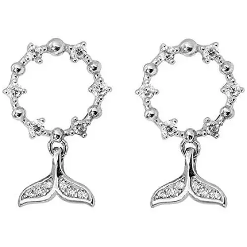 Dainty Mermaid Hoop Dangle Earrings for Women Girls S925 Sterling Silver Cubic Zirconia Fish Tail Drop Dangling Bead Wreath Circle Ring Stud Hypoallergenic Ear Piercing Sea Ocean Jewelry
