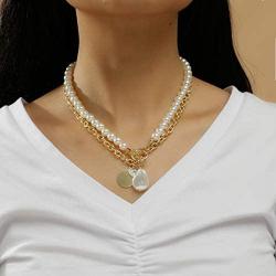 Sinkcangwu Punk Multi Layer Imitation Pearl Choker Necklace Collar Retro Round Pendant Long Chain Necklace Women Jewelry