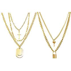 Letitia Chains Necklace Set Layered Lock Key Pendants Men Necklaces Multilayer Choker Stainless Steel Jewelry Pack for Pants Punk Play