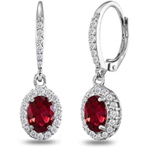 Sterling Silver Genuine and Synthetic Gemstone Birthstone Oval Dangle Halo Leverback Earrings with White Topaz Accents