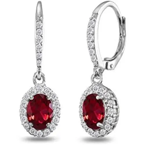 Sterling Silver Genuine and Synthetic Gemstone Birthstone Oval Dangle Halo Leverback Earrings with White Topaz Accents