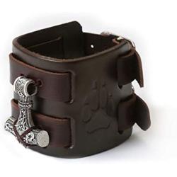 HAQUIL Viking Bracelet for Men - Viking Mjolnir Pendant - Nordic Brown Wide Leather Wristband