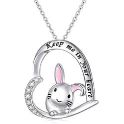 Easter Gifts Jewelry Bunny Necklace Silver with Message Keep Me in Your Heart, Best gifts for Rabbit Lovers Wedding Gift