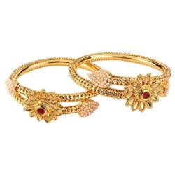 Efulgenz Fashion Jewelry Indian Bollywood 14 K Gold Plated Faux Pearl Kundan Rhinestone Floral Bracelet Bangle