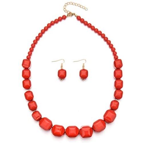 Pingyongchang Multicolor Chunky Acrylic Beads Necklace Earring Statement Strand Jewelry Set Wilma Necklaces Dangle Earrings Strand Collars Drop Earring Costume Jewelry Beaded Chains for Women Girls