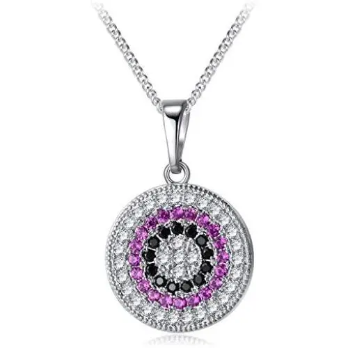 YHLISO Evil Eye Pendant Sparkling Necklace Round Pave Diamond Cubic Zirconia Lucky Charm Disc Necklaces for Women