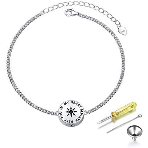 S925 Sterling Silver Womens Sun Engraved Keep you in my heart always Memorial Bracelet Link